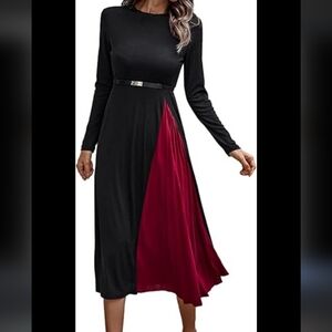 PRETTYGARDEN | Women's Black/Red Colorblock Pleated Long Sleeved Maxi Dress